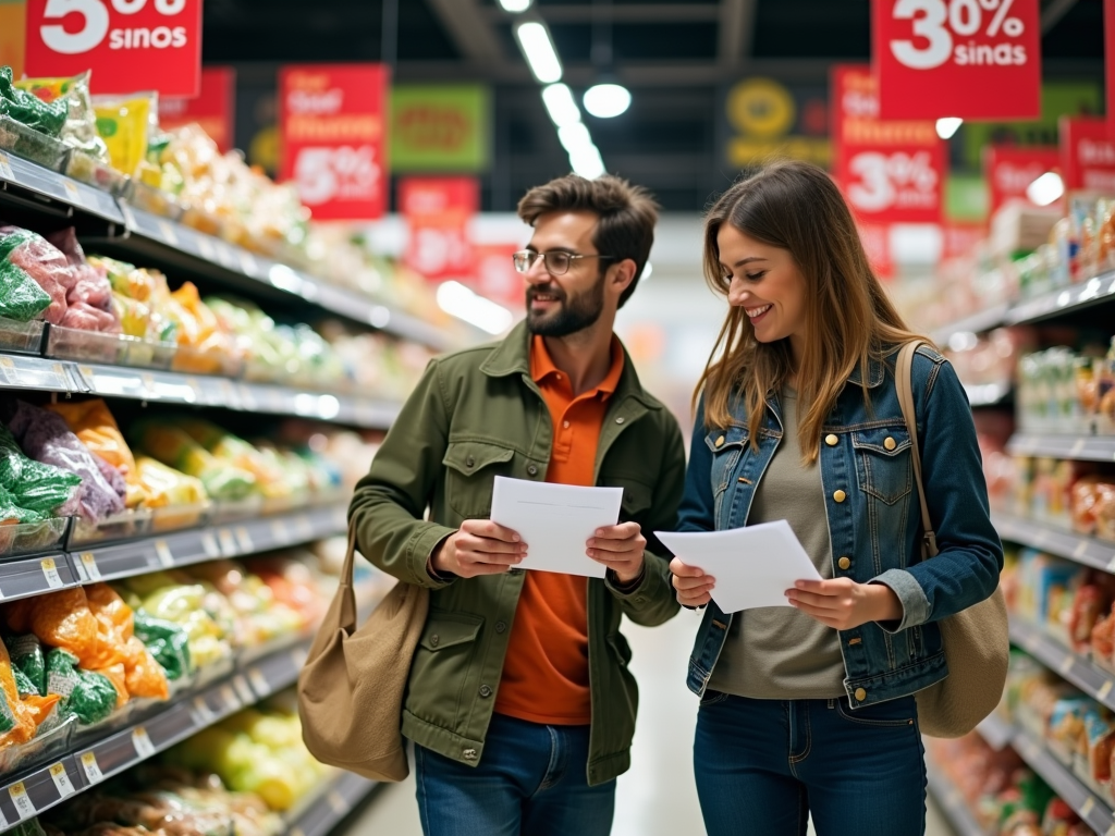 Пара смотрит на списки покупок в продуктовом магазине с яркими акционными вывесками.